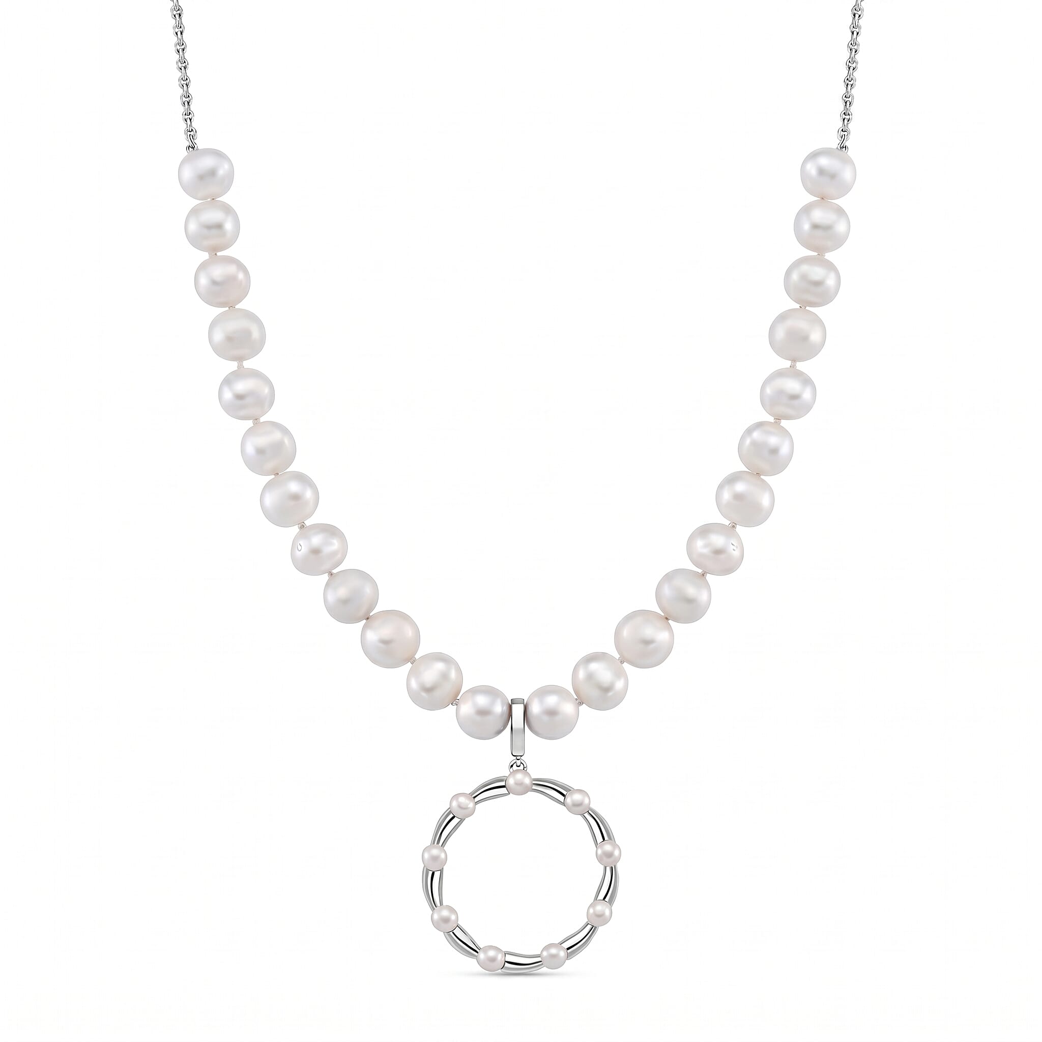 Lucy Q Pearl Drop Collection - White Fresh Water Pearl Necklace (Size 17-3 Ext) With Removable Pendant in Rhodium Overlay Sterling Silver 99.35 Ct, Silver Wt. 8.55 Gms