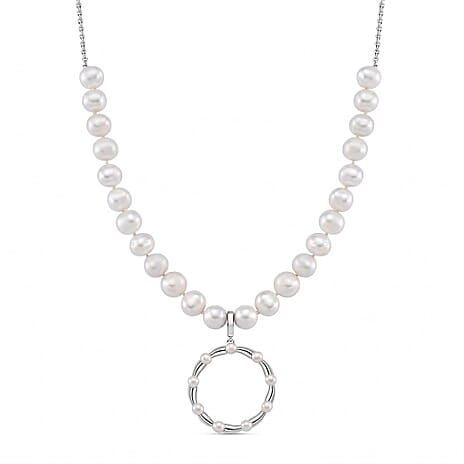 Lucy Q Pearl Drop Collection - White Fresh Water Pearl Necklace (Size 17-3 Ext) With Removable Pendant in Rhodium Overlay Sterling Silver 99.35 Ct, Silver Wt. 8.55 Gms