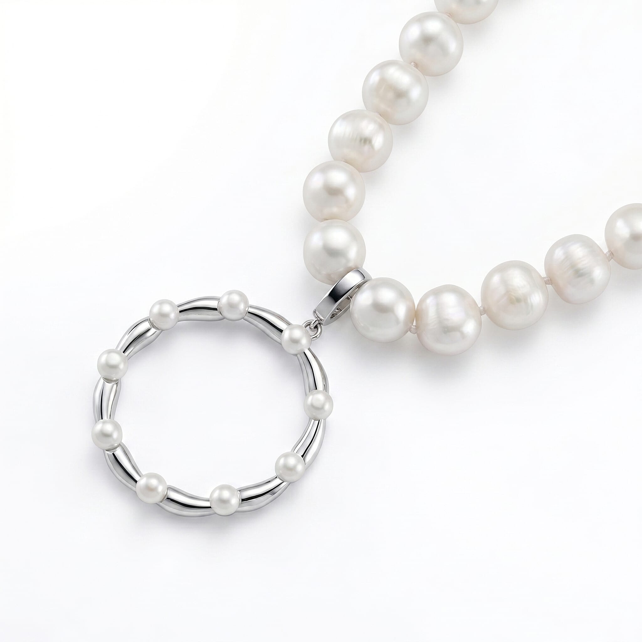 Lucy Q Pearl Drop Collection - White Fresh Water Pearl Necklace (Size 17-3 Ext) With Removable Pendant in Rhodium Overlay Sterling Silver 99.35 Ct, Silver Wt. 8.55 Gms
