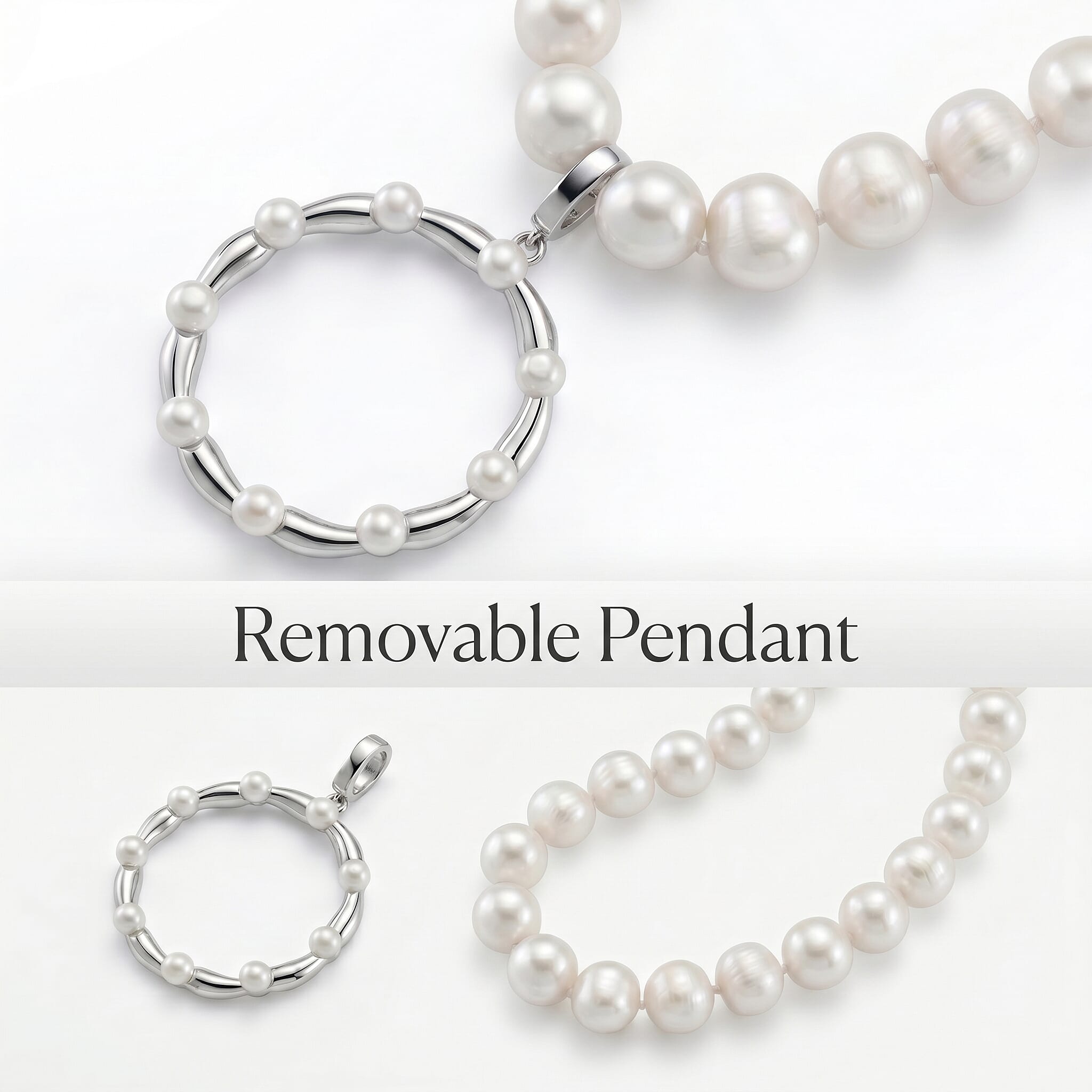 Lucy Q Pearl Drop Collection - White Fresh Water Pearl Necklace (Size 17-3 Ext) With Removable Pendant in Rhodium Overlay Sterling Silver 99.35 Ct, Silver Wt. 8.55 Gms
