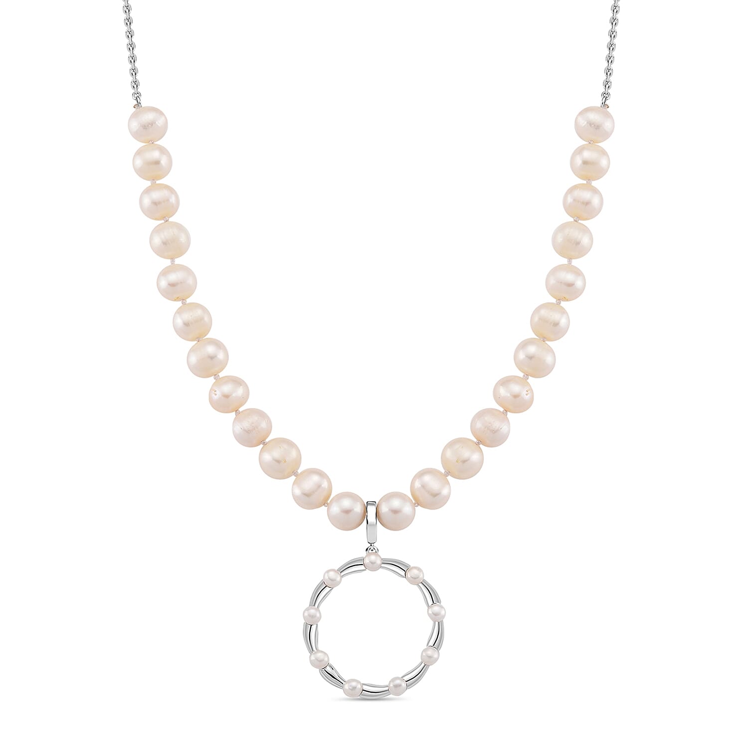 Lucy Q Pearl Drop Collection - White Fresh Water Pearl Necklace (Size 17-3 Ext) With Removable Pendant in Rhodium Overlay Sterling Silver 99.35 Ct, Silver Wt. 8.55 Gms