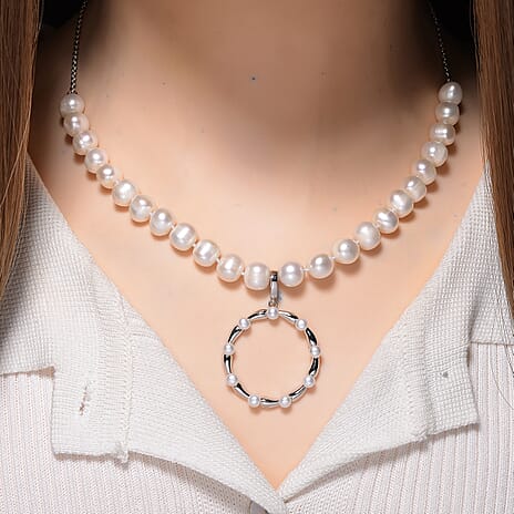 Lucy Q Pearl Drop Collection - White Fresh Water Pearl Necklace (Size 17-3 Ext) With Removable Pendant in Rhodium Overlay Sterling Silver 99.35 Ct, Silver Wt. 8.55 Gms