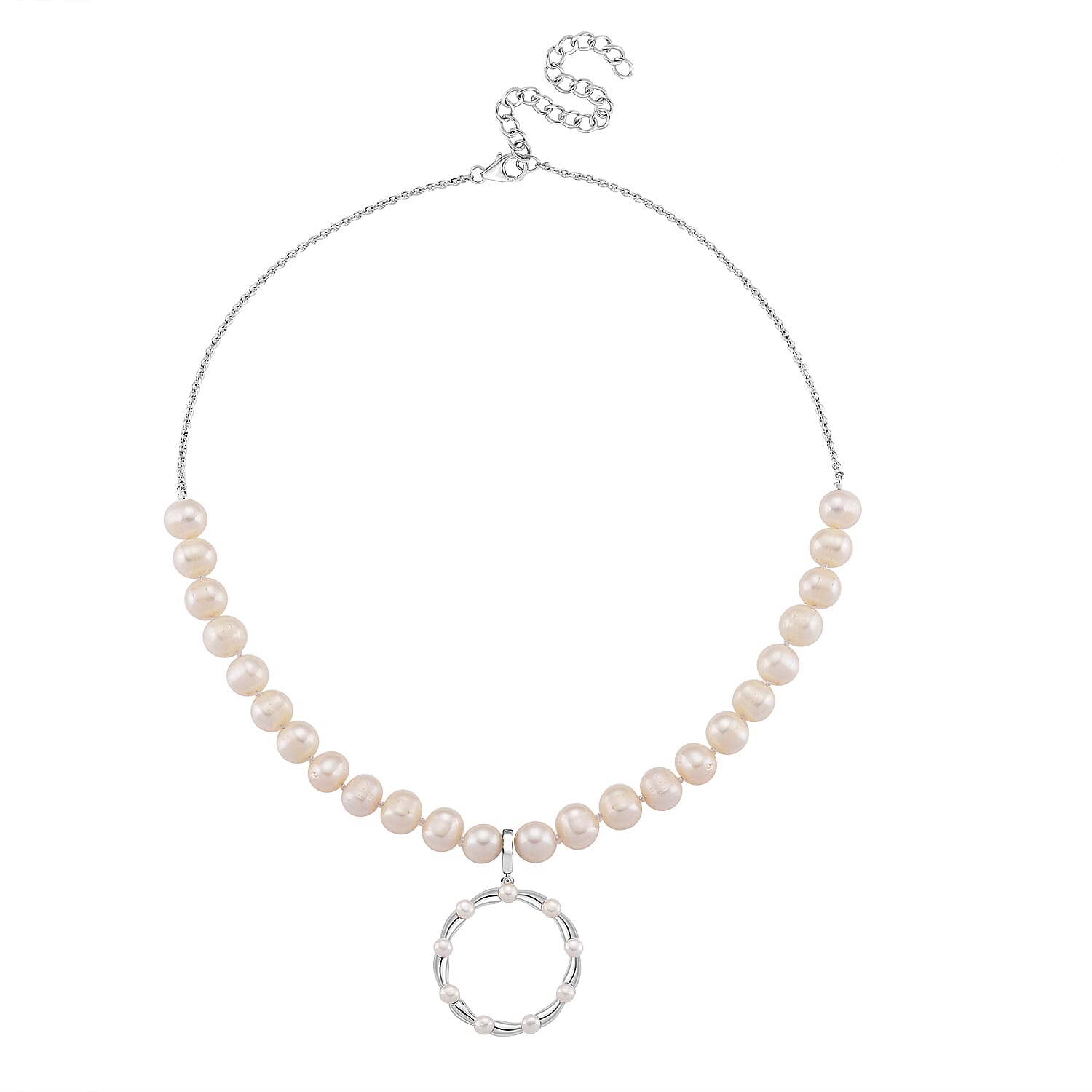 Lucy Q Pearl Drop Collection - White Fresh Water Pearl Necklace (Size 17-3 Ext) With Removable Pendant in Rhodium Overlay Sterling Silver 99.35 Ct, Silver Wt. 8.55 Gms