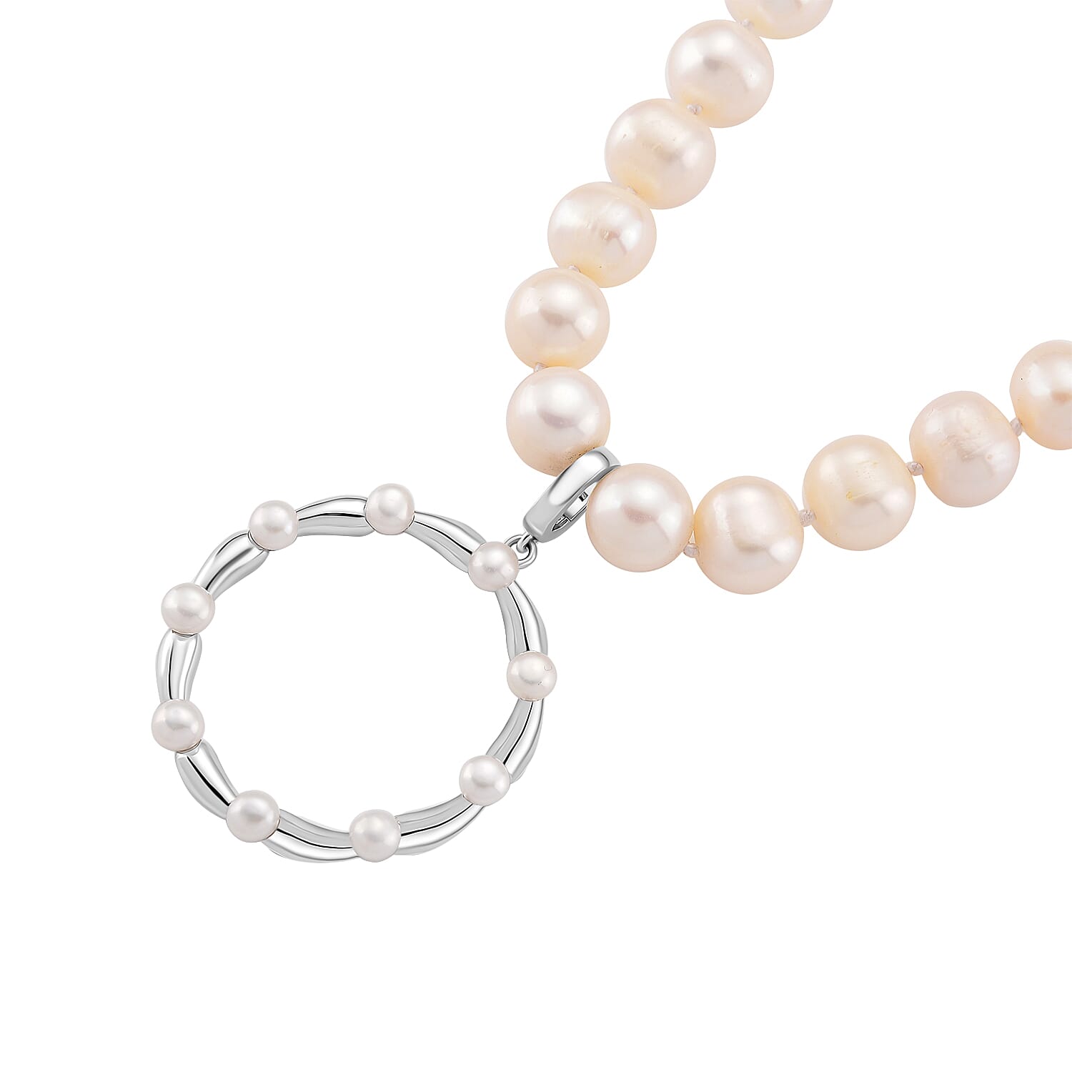 Lucy Q Pearl Drop Collection - White Fresh Water Pearl Necklace (Size 17-3 Ext) With Removable Pendant in Rhodium Overlay Sterling Silver 99.35 Ct, Silver Wt. 8.55 Gms