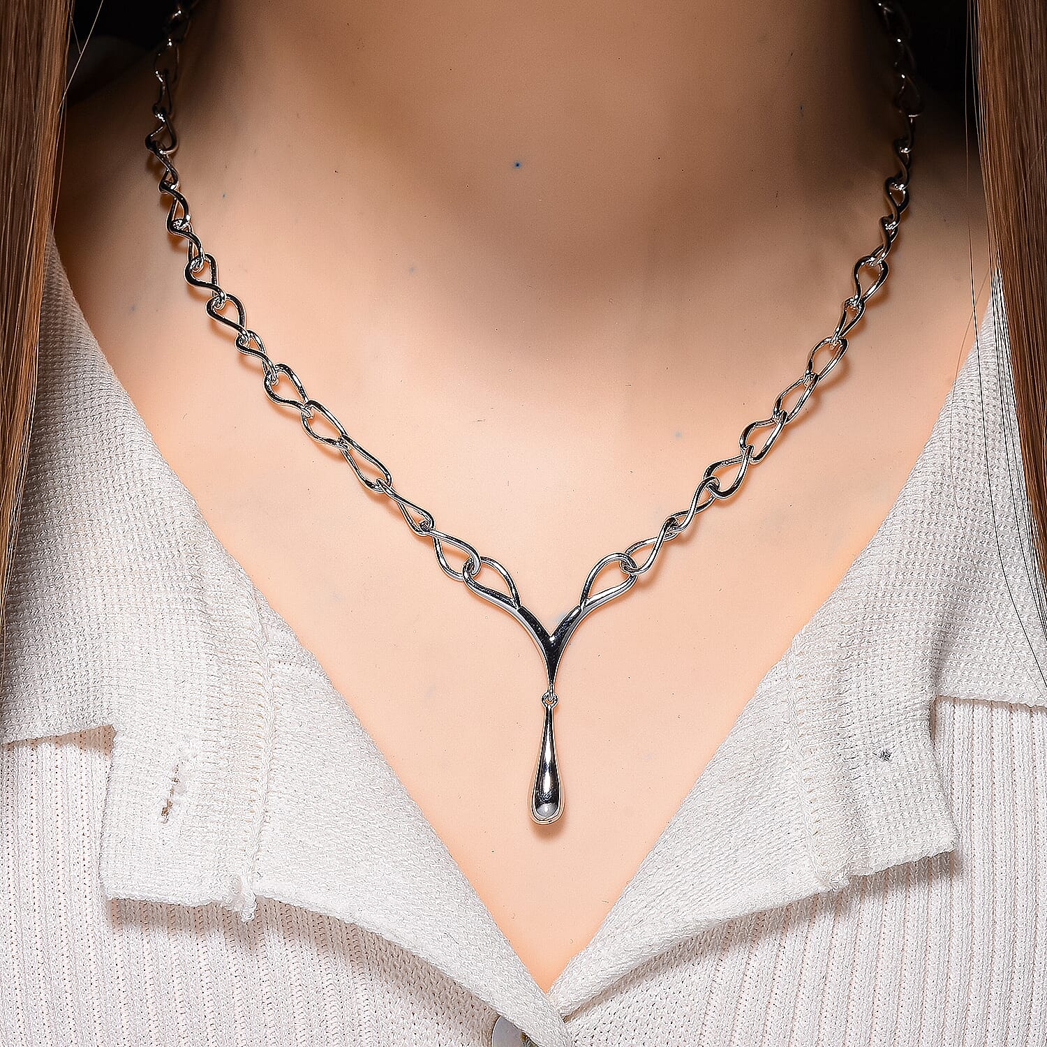 Lucy Q Drip Collection - Rhodium Overlay Sterling Silver T-Bar Clasp Necklace (Size 18), Silver Wt. 15.00 Gms.