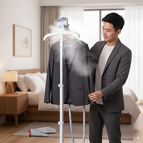 Bliss and Beyond Garment Steamer - 1800W, 1.6L Tank with Ironing Board - Glove - White - Blue