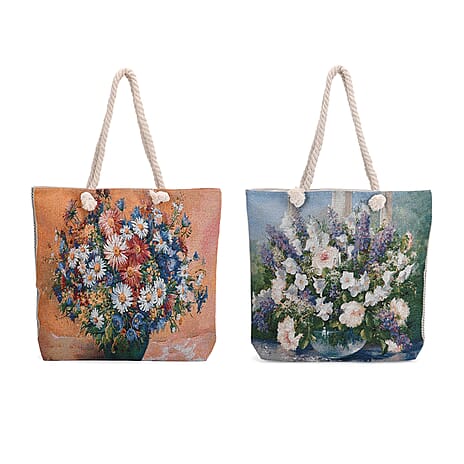 Set of 2 Floral Print Jute Tote Bags with Rope Handles - Pink - Blue