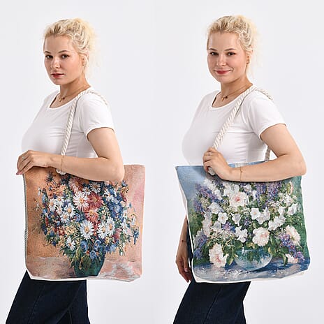Set of 2 Floral Print Jute Tote Bags with Rope Handles - Pink - Blue