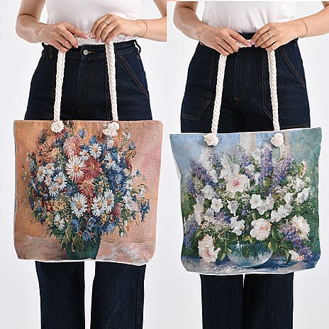 Set of 2 Floral Print Jute Tote Bags with Rope Handles - Pink - Blue