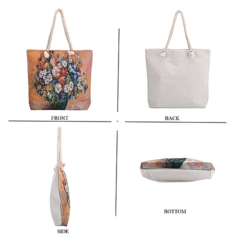 Set of 2 Floral Print Jute Tote Bags with Rope Handles - Pink - Blue