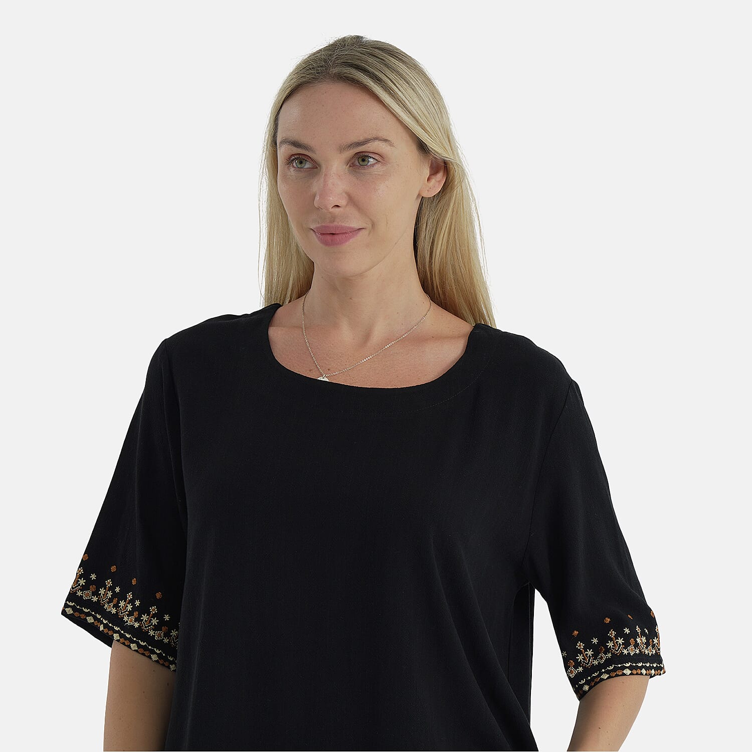 LA MAREY Womens Linen Blend Casual Embroidered Border Sleeve Top LA MAREY Womens Linen Blend Casual Embroidered Border Sleeve Top