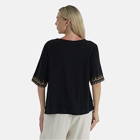 LA MAREY Womens Linen Blend Casual Embroidered Border Sleeve Top (Size XL) - Black