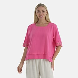 LA MAREY Womens Linen Blend Casual Embroidered Border Sleeve Top