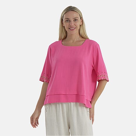 LA MAREY Womens Linen Blend Casual Embroidered Border Sleeve Top (Size M) - Pink