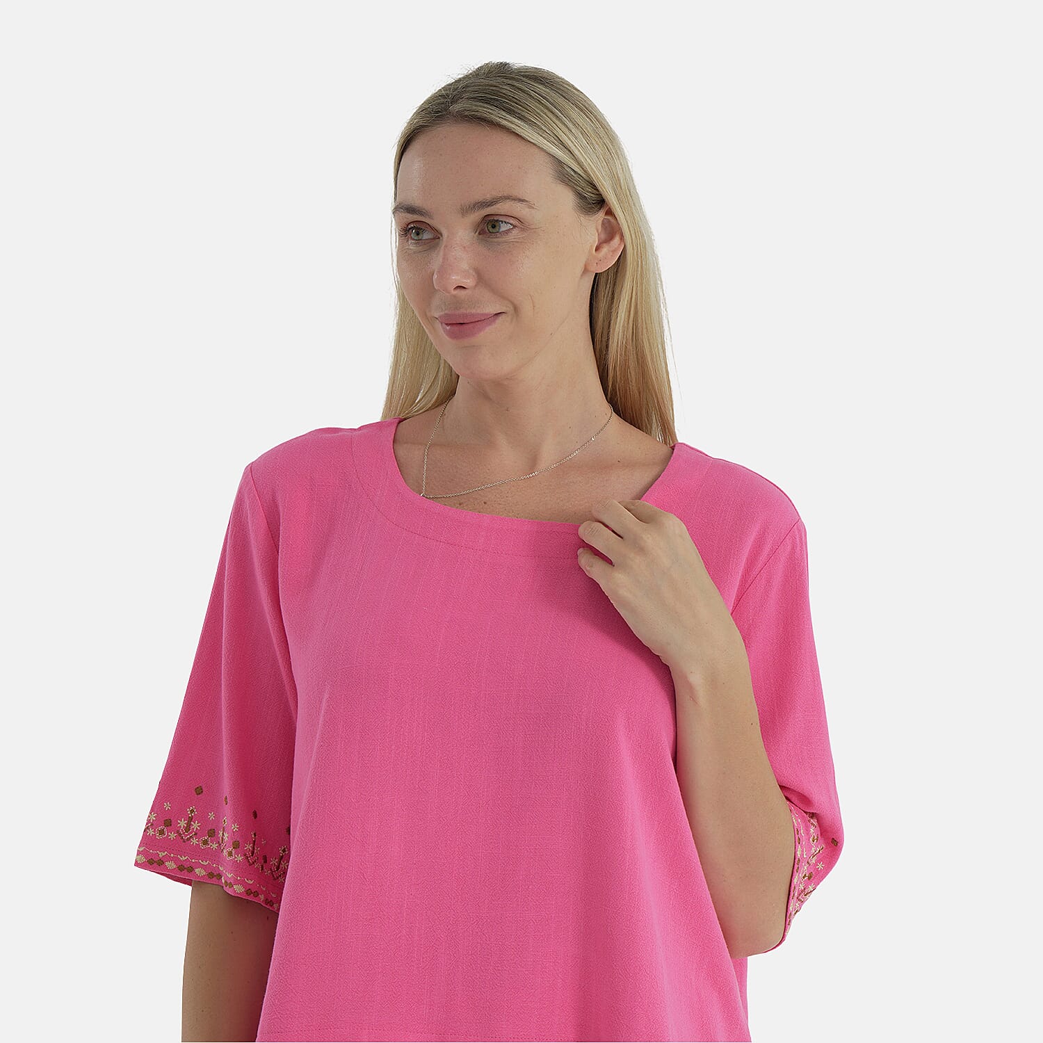 LA MAREY Womens Linen Blend Casual Embroidered Border Sleeve Top LA MAREY Womens Linen Blend Casual Embroidered Border Sleeve Top