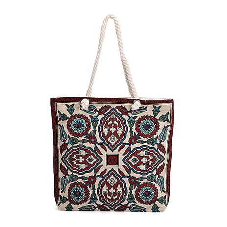 Set of 2 Ethnic Print Jute Tote Bags with Rope Handles - Multicolor