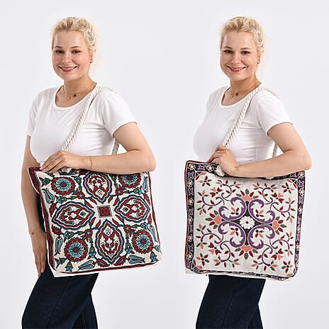 Set of 2 Ethnic Print Jute Tote Bags with Rope Handles - Multicolor