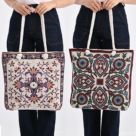 Set of 2 Ethnic Print Jute Tote Bags with Rope Handles - Multicolor