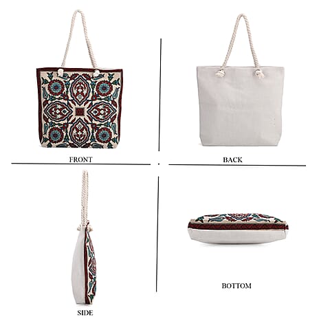 Set of 2 Ethnic Print Jute Tote Bags with Rope Handles - Multicolor