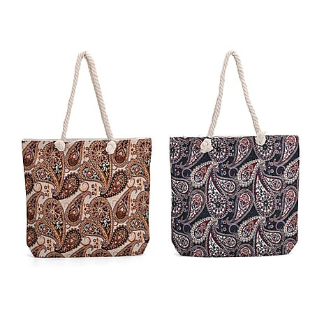 Set of 2 Paisley Print Jute Tote Bags with Rope Handles -  Black - Beige