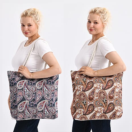 Set of 2 Paisley Print Jute Tote Bags with Rope Handles -  Black - Beige