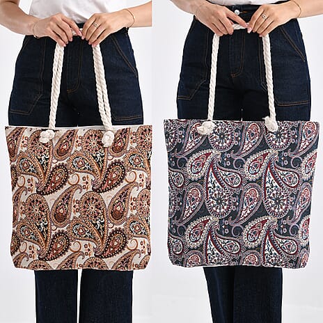 Set of 2 Paisley Print Jute Tote Bags with Rope Handles -  Black - Beige