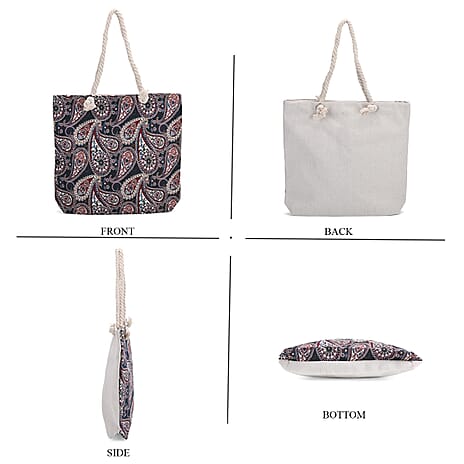 Set of 2 Paisley Print Jute Tote Bags with Rope Handles -  Black - Beige