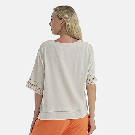 LA MAREY Womens Linen Blend Relaxed Fit Embroidered Top (Size XL) - Beige