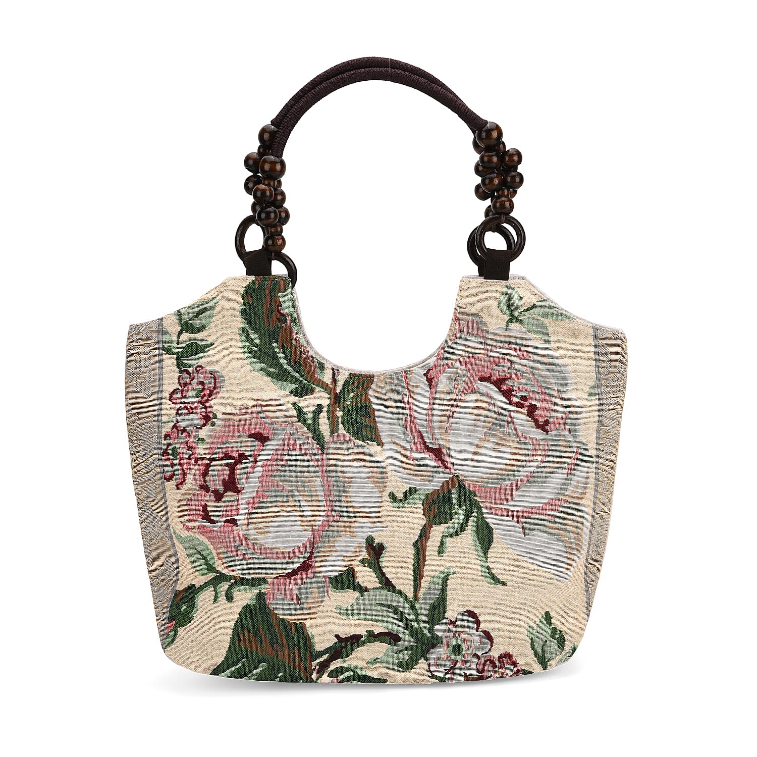Rose Floral Print Jute Tote Bag - Beige & Rose