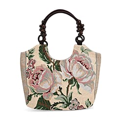 Flower Print Jute Tote Bag - Light Yellow & Blue