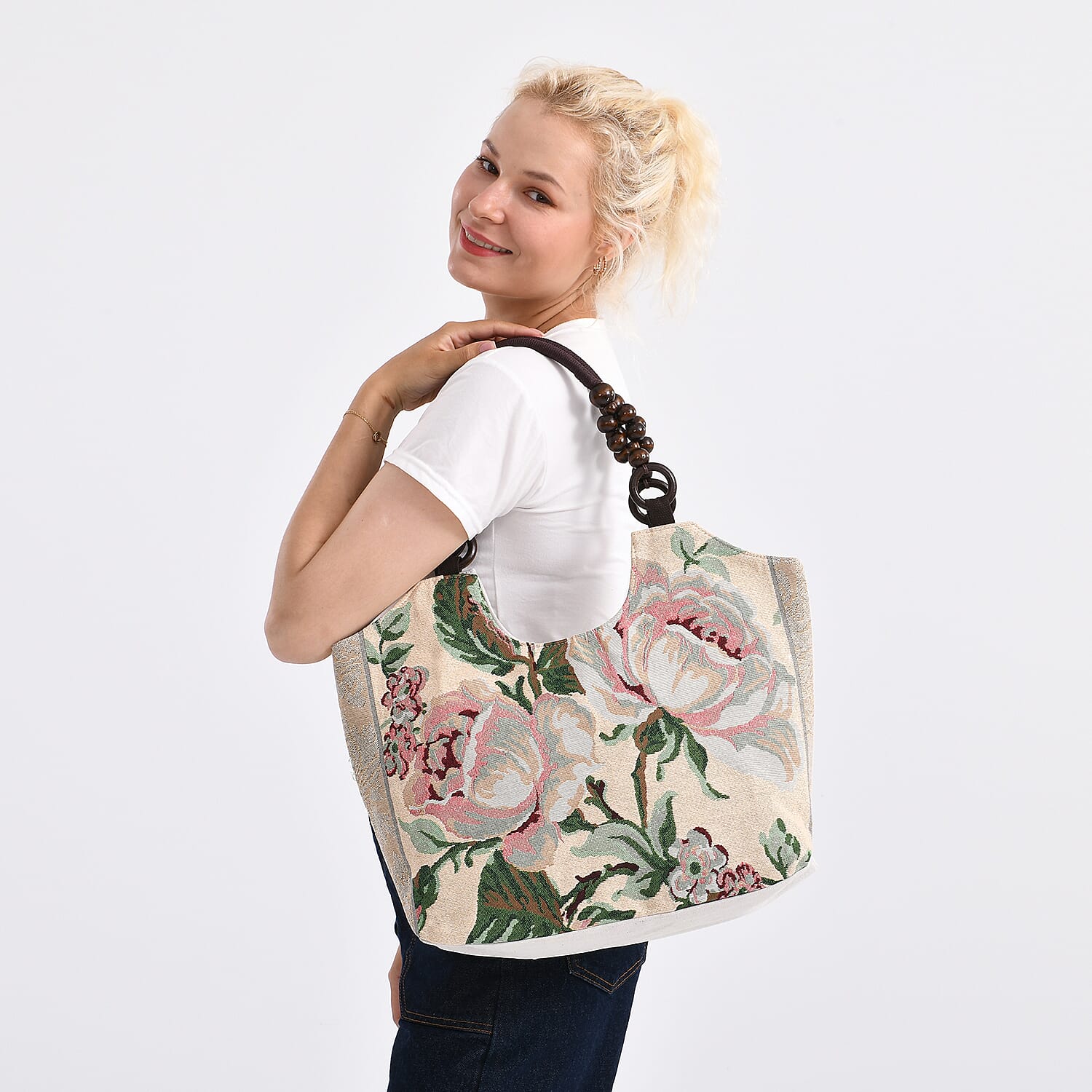 Rose Floral Print Jute Tote Bag - Beige & Rose