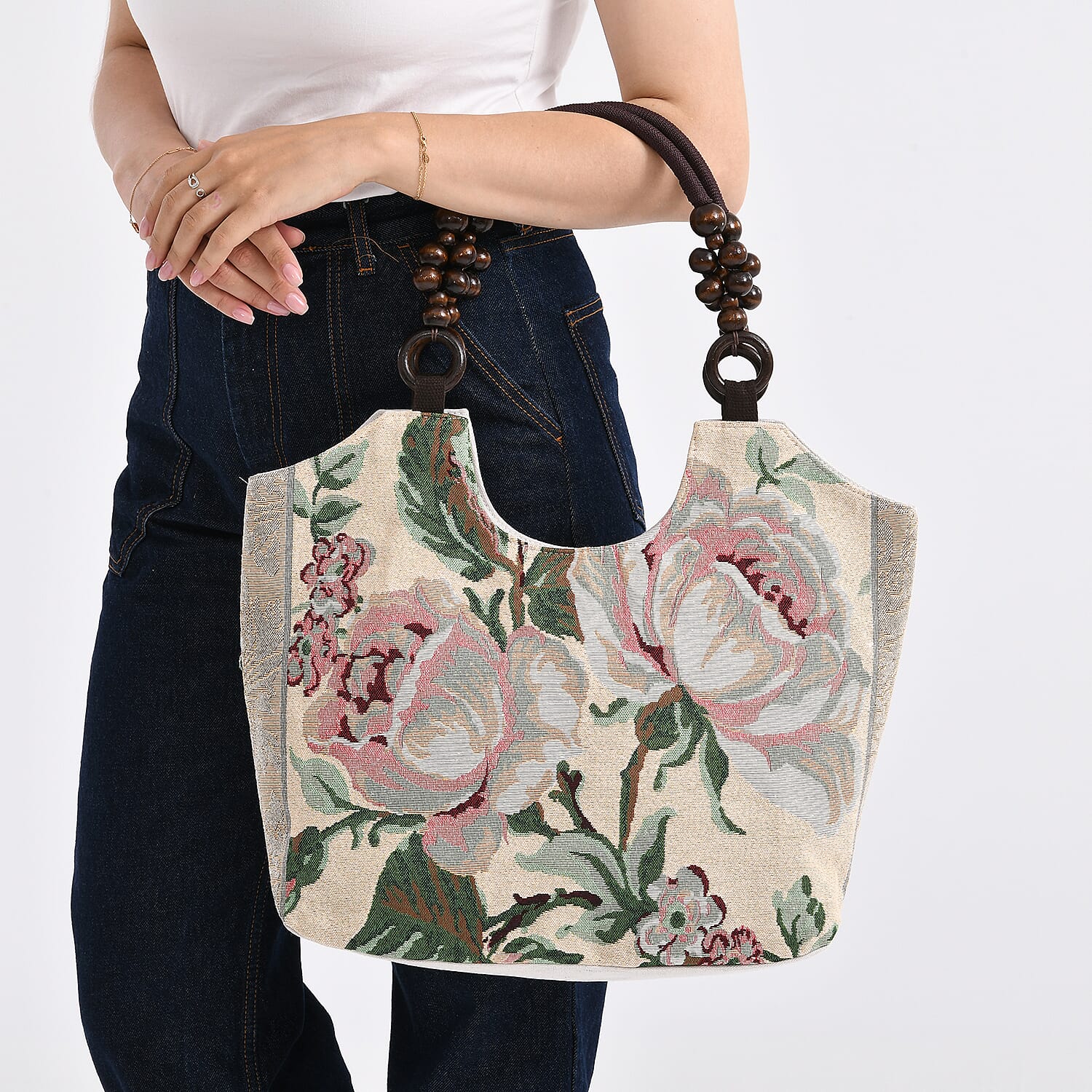 Rose Floral Print Jute Tote Bag - Beige & Rose