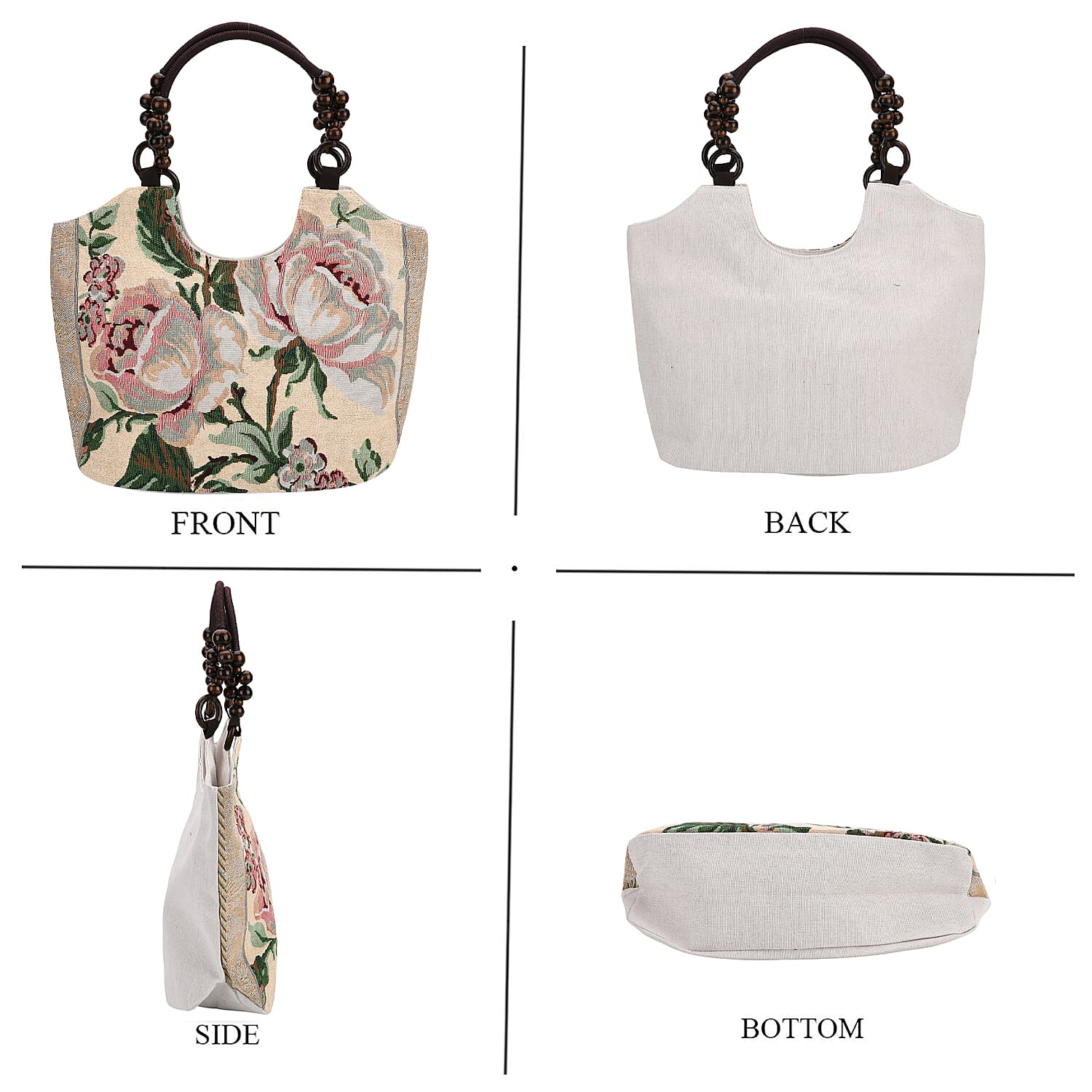 Rose Floral Print Jute Tote Bag - Beige & Rose