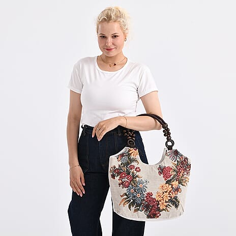 Multicolor Flower Print Jute Tote Bag - Light Yellow