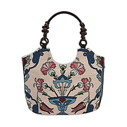 Flower Print Jute Tote Bag - Light Yellow & Blue