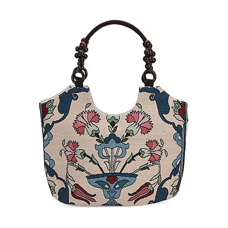 Multicolor Flower Print Jute Tote Bag - Blue