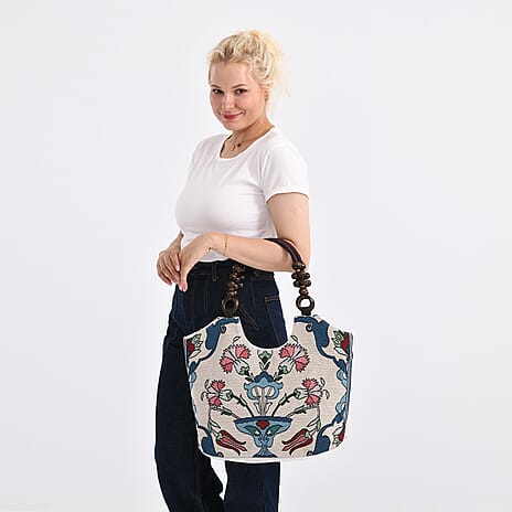 Multicolor Flower Print Jute Tote Bag - Blue