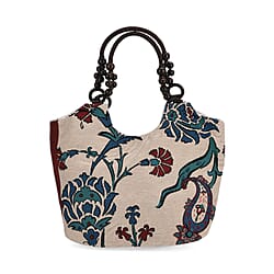 Flower Print Jute Tote Bag - Light Yellow & Blue