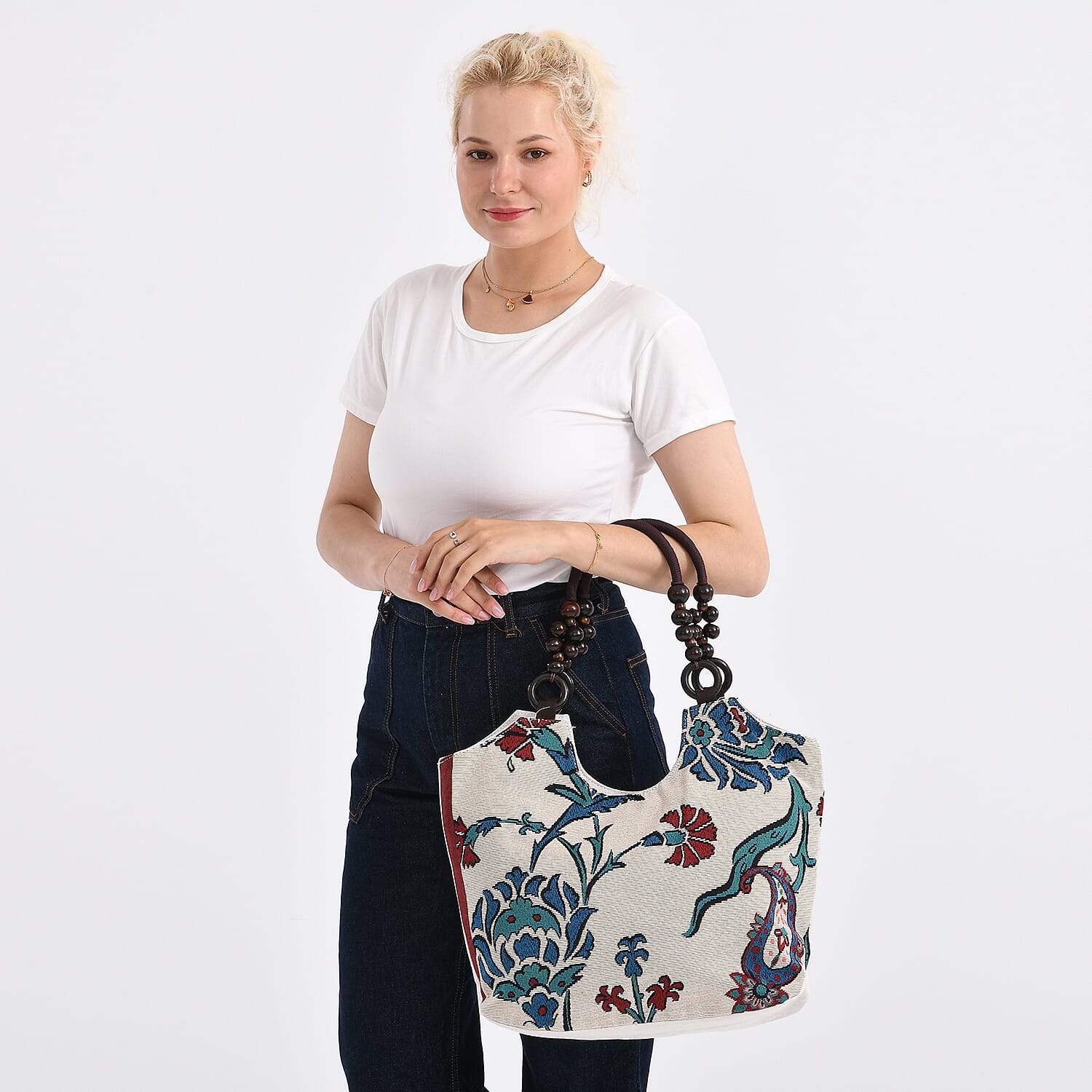 Flower Print Jute Tote Bag - Light Yellow & Blue