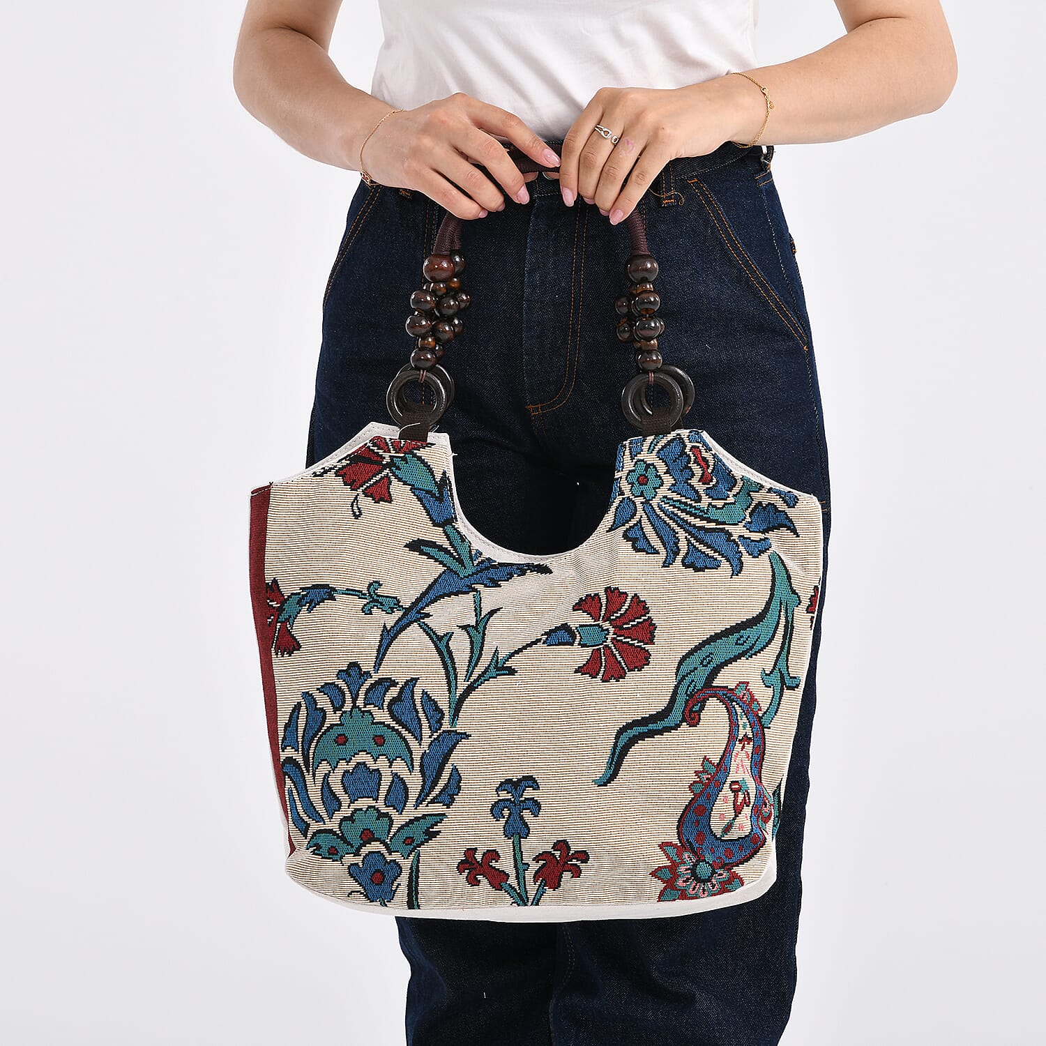 Flower Print Jute Tote Bag - Light Yellow & Blue