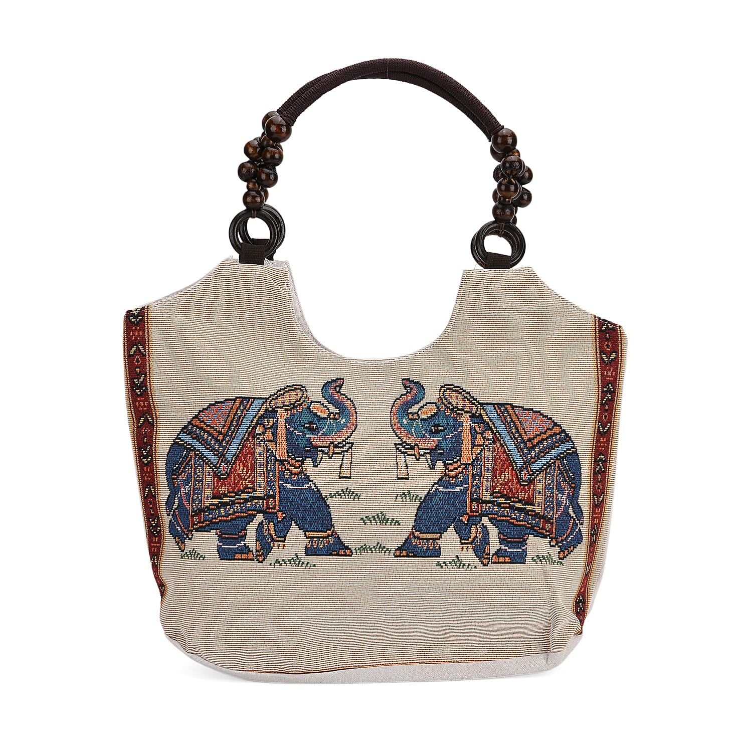 Elephant Print Jute Tote Bag - Beige