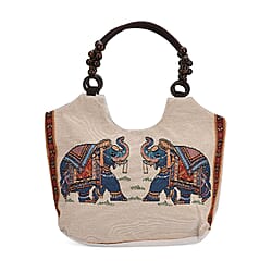 Flower Print Jute Tote Bag - Light Yellow & Blue