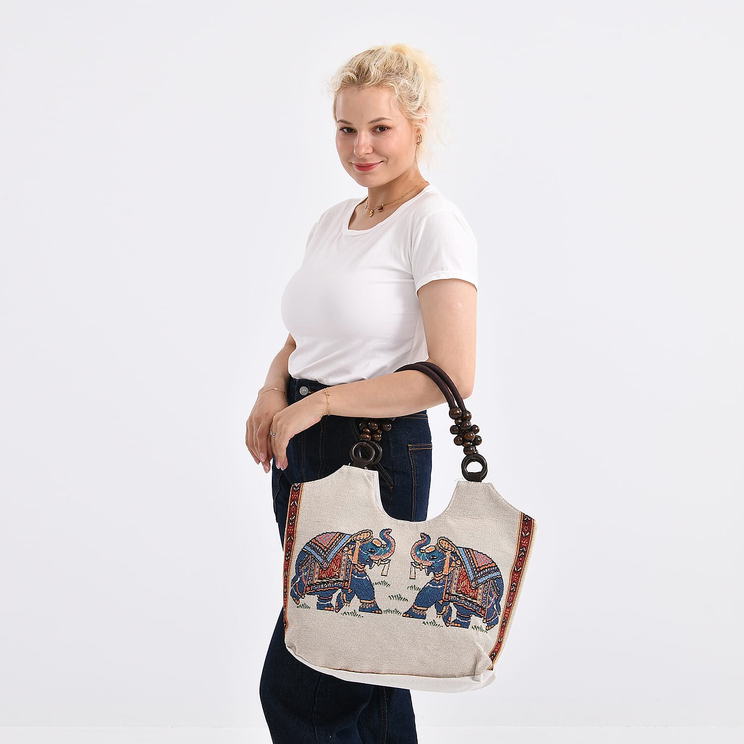 Elephant Print Jute Tote Bag - Beige