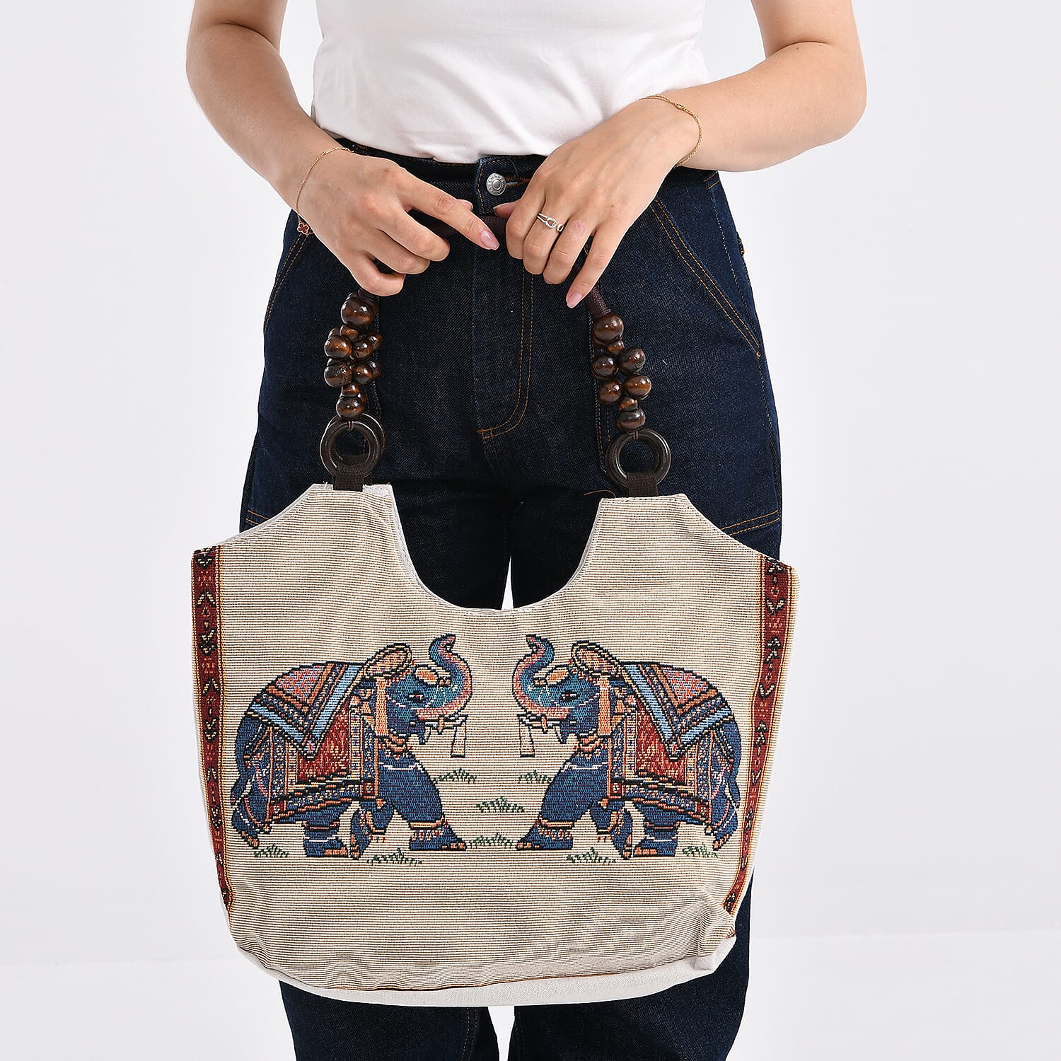 Elephant Print Jute Tote Bag - Beige