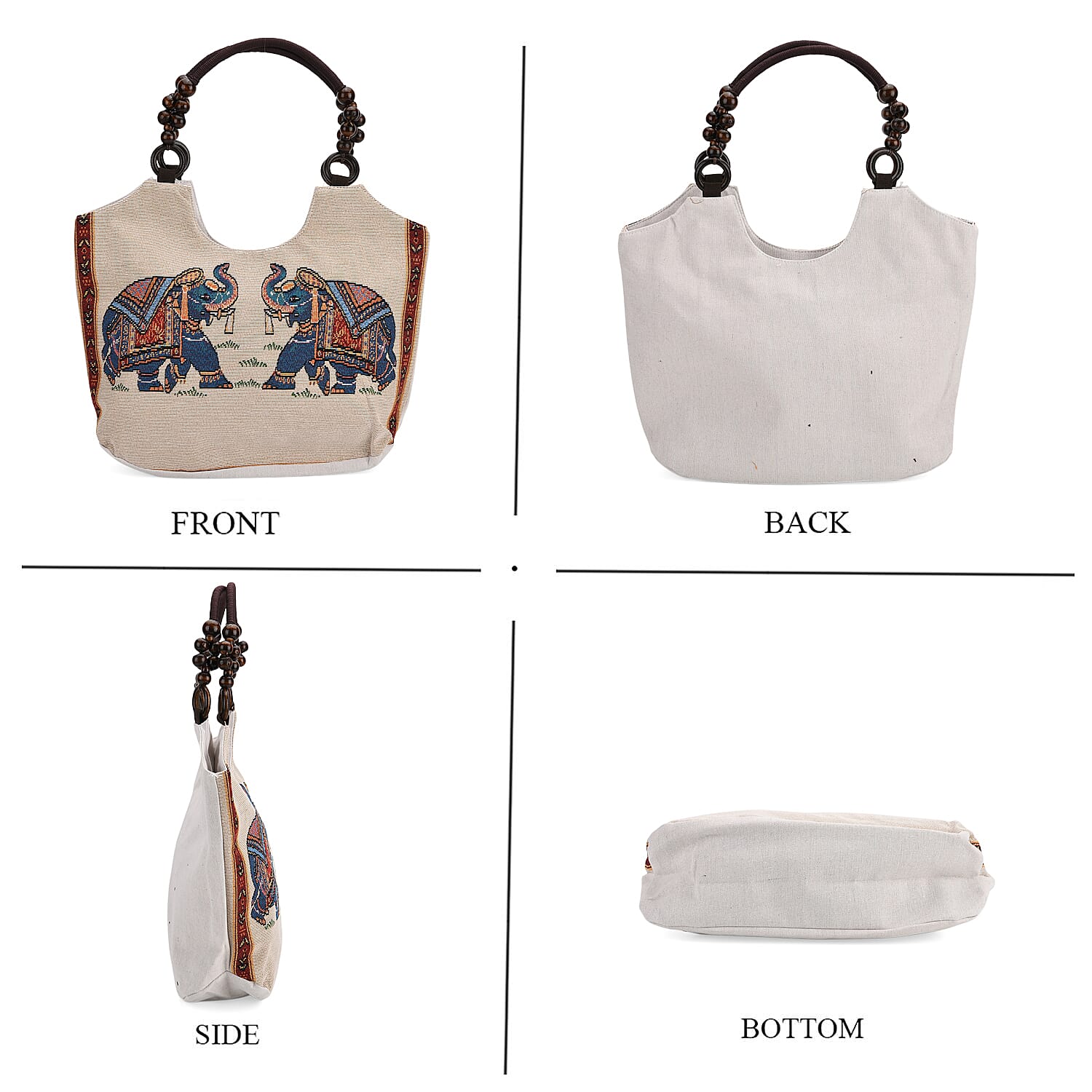 Elephant Print Jute Tote Bag - Beige