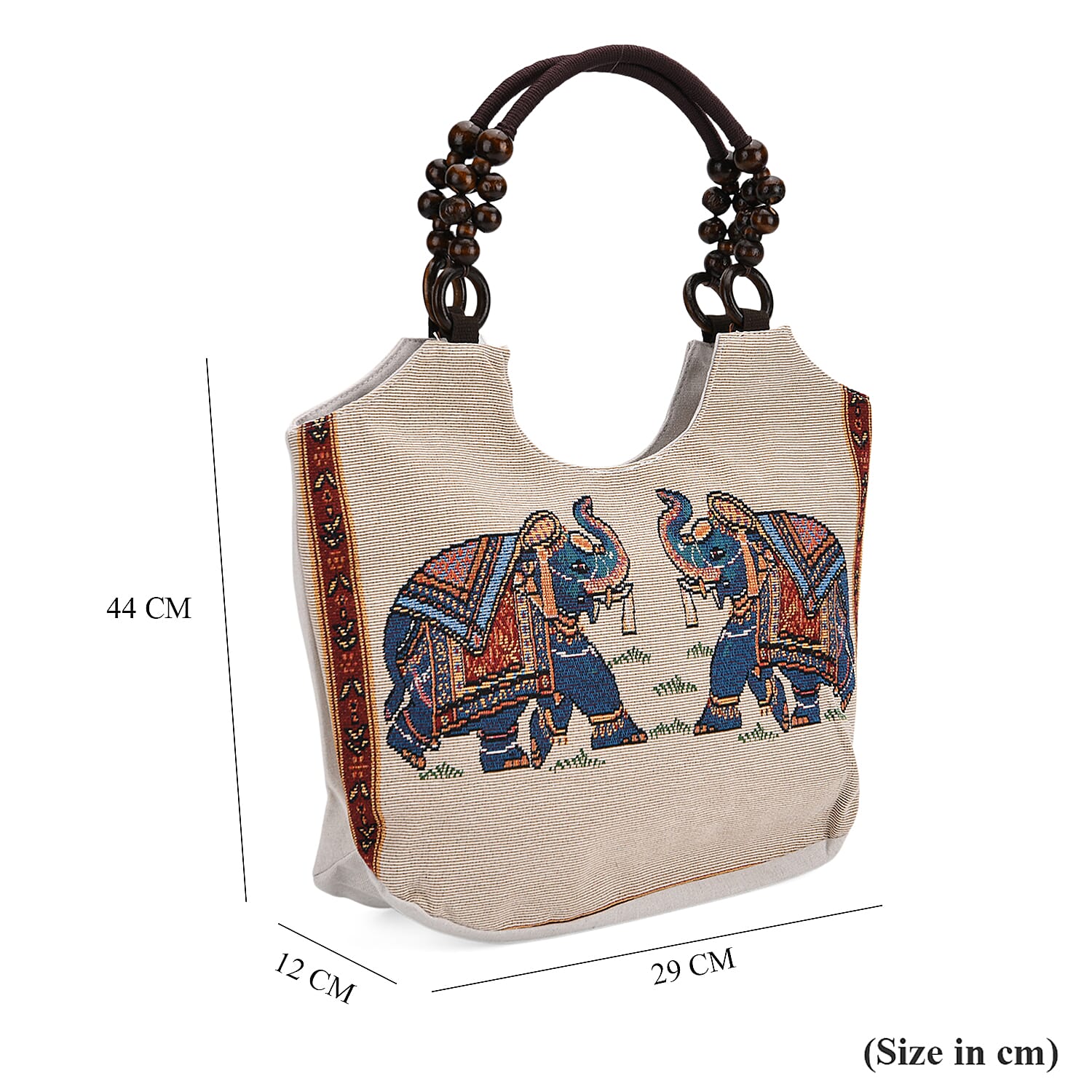 Elephant Print Jute Tote Bag - Beige