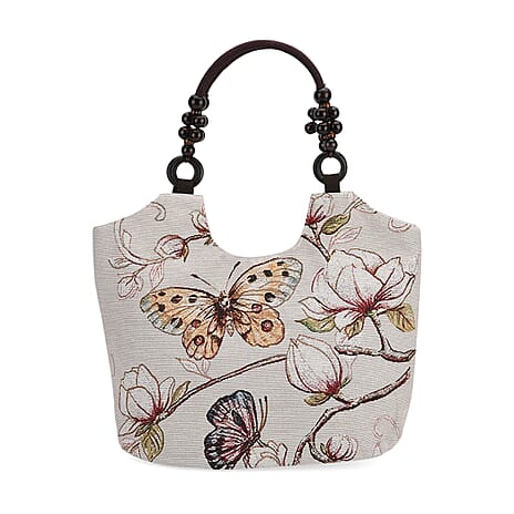 Butterfly Print Jute Tote Bag - Beige