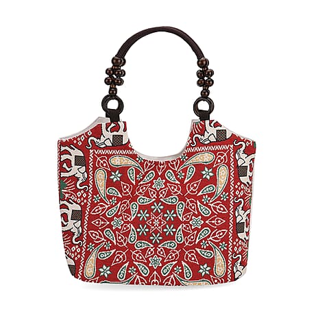 Ethnic Style Print Jute Tote Bag - Red