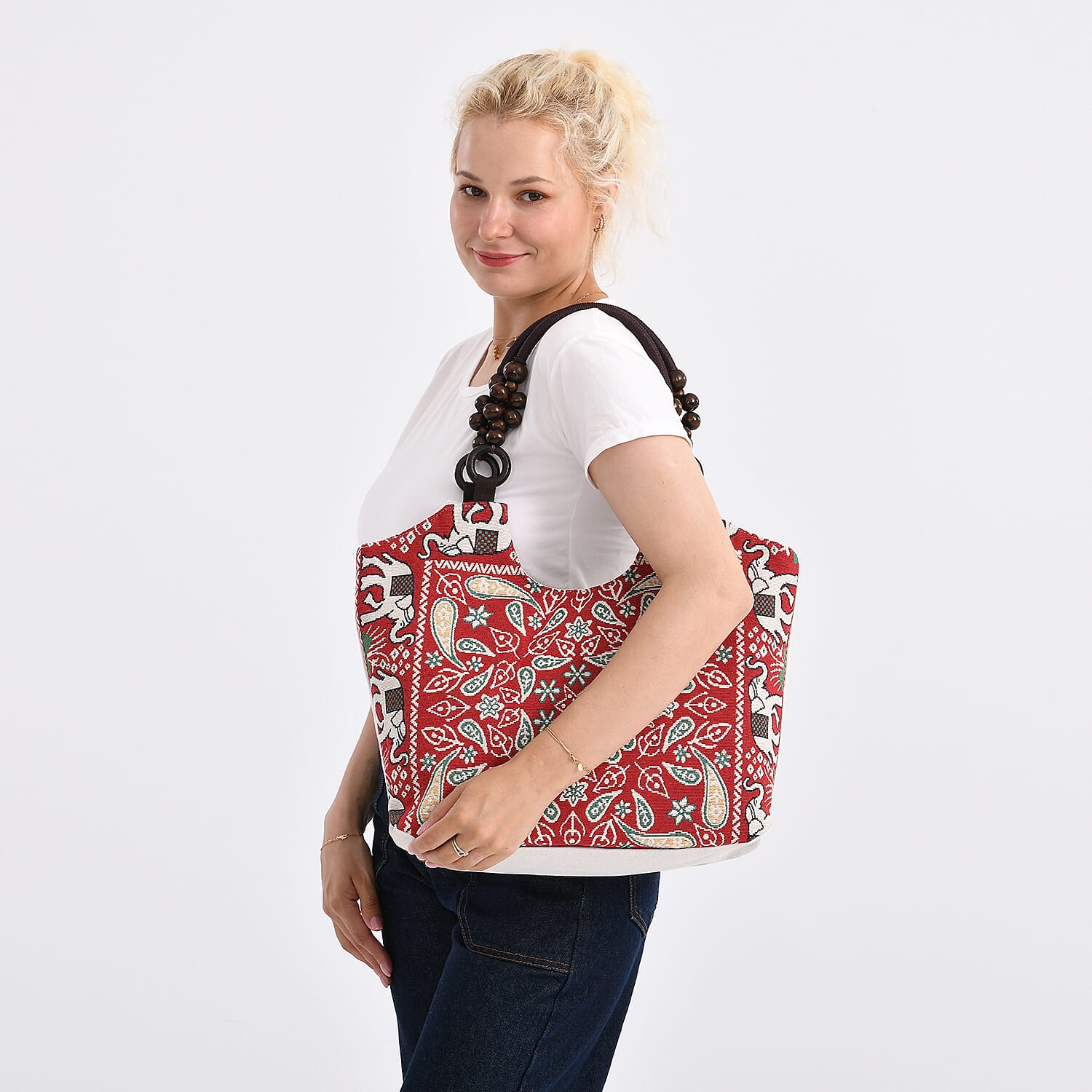 Ethnic Style Print Jute Tote Bag - Red