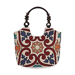 Flower Print Jute Tote Bag - Light Yellow & Blue